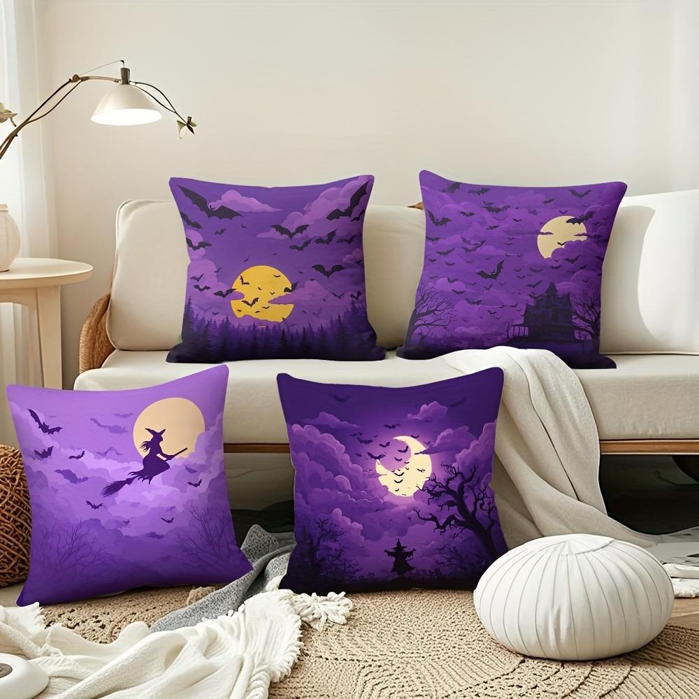 Home Decor Halloween Night: Bats, Moon & Witch Scenes Pattern Cushion Cover Suitable For Sofa Bedroom Car Pillow Cover