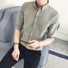 2024 New Summer Fashion Korean Version Trendy Lapel Stripes Casual and Handsome Slim Fit Men's Quarter Sleeved Shirt Shirt
