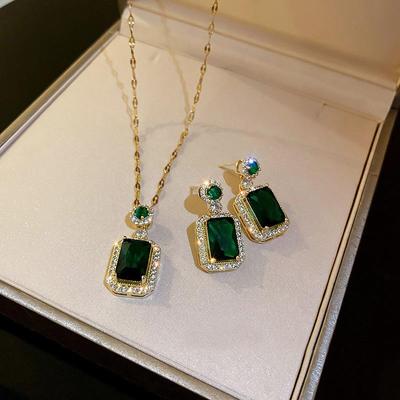 Colar luxuoso de aço inoxidável 316l, conjuntos de joias para mulheres, corrente de zircônia verde, colar de pedra de cristal de metal, bijuterias