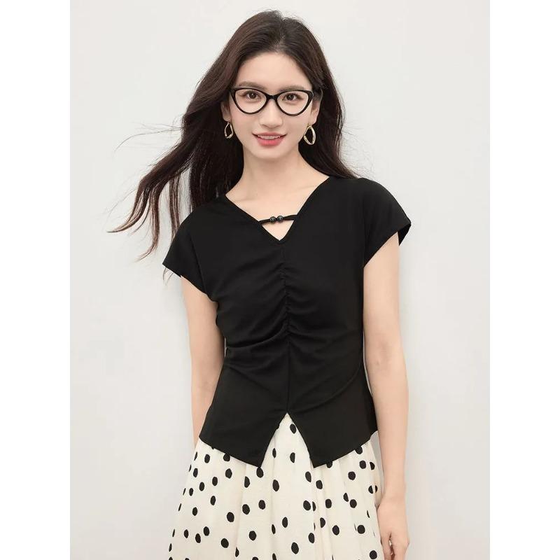 Women's Black V-Neck Ruched Top Short Sleeve Asymmetric Hem Slim Fit Casual Blouse