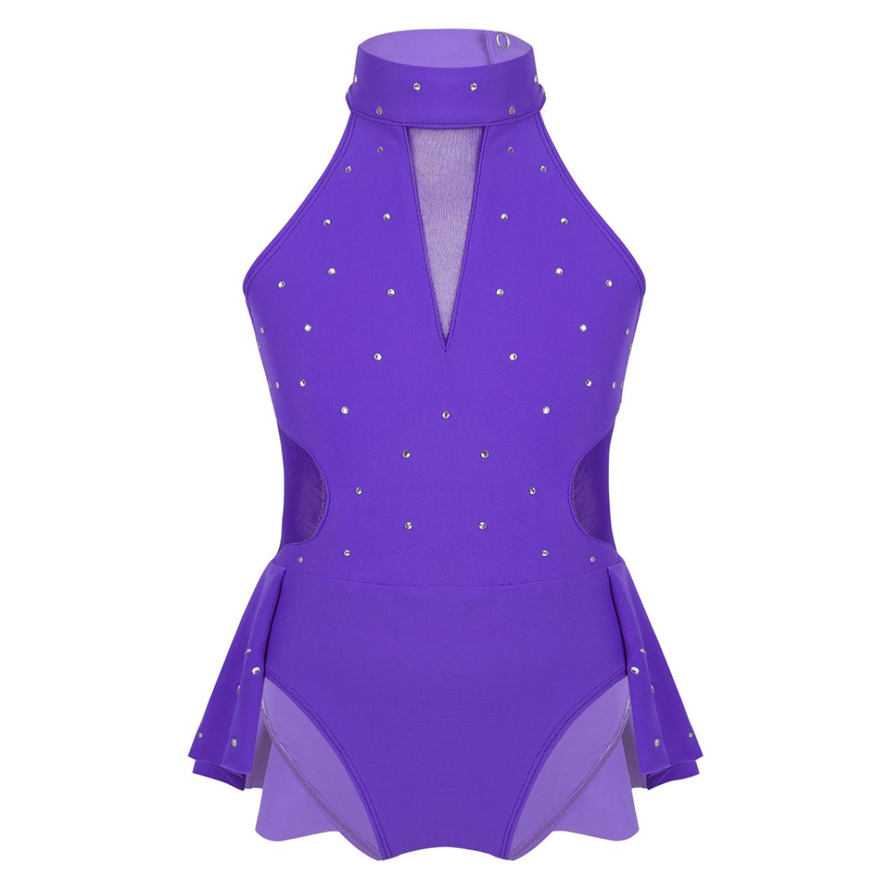 

Детский современный танцевальный трико для девочек без рукавов, блестящий сетчатый комбинезон со стразами на спине, бальный комбинезон 9-10 Years фиолетовый