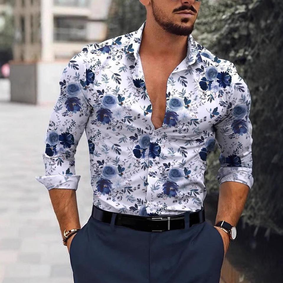 Men S Long Sleeve Floral Print Casual Stretch Shirt