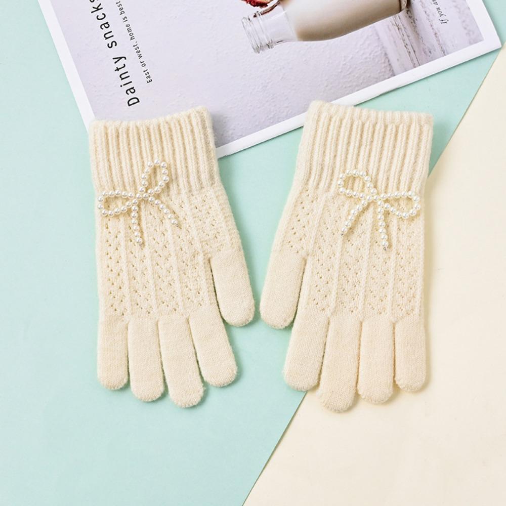 Fashion Pearl Bow Knitted Gloves Kawaii Women Mittens New Warm Fullfinger Gloves
