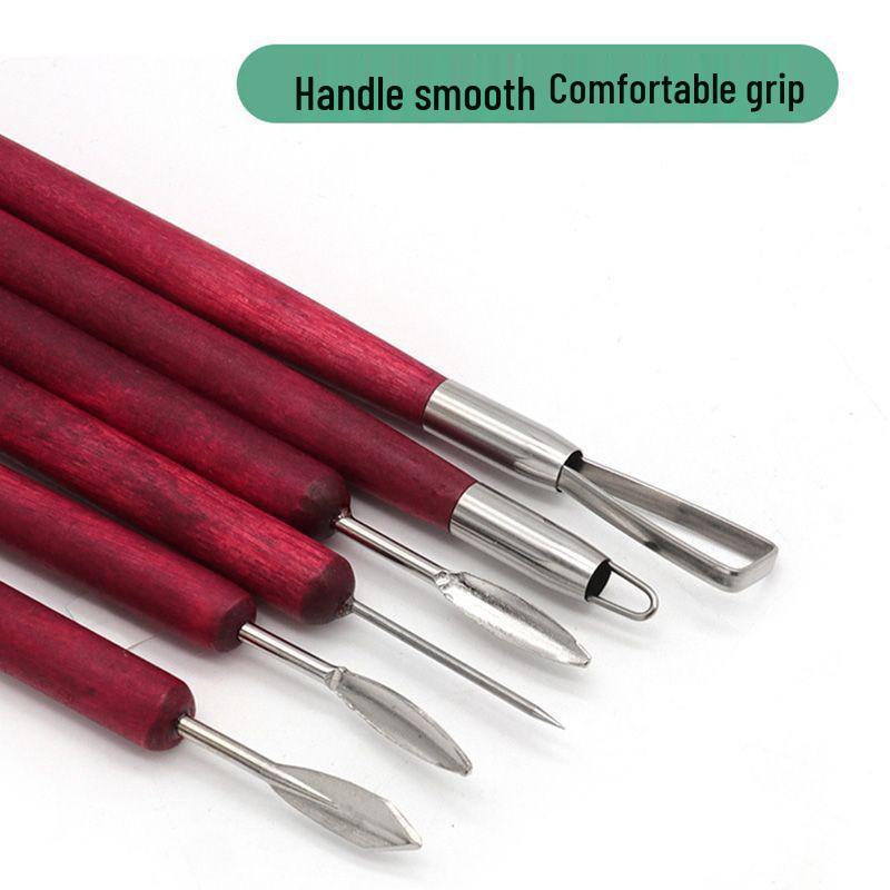 Red Six-Piece Wooden Pottery Clay Carving and Trimming Tool Set
