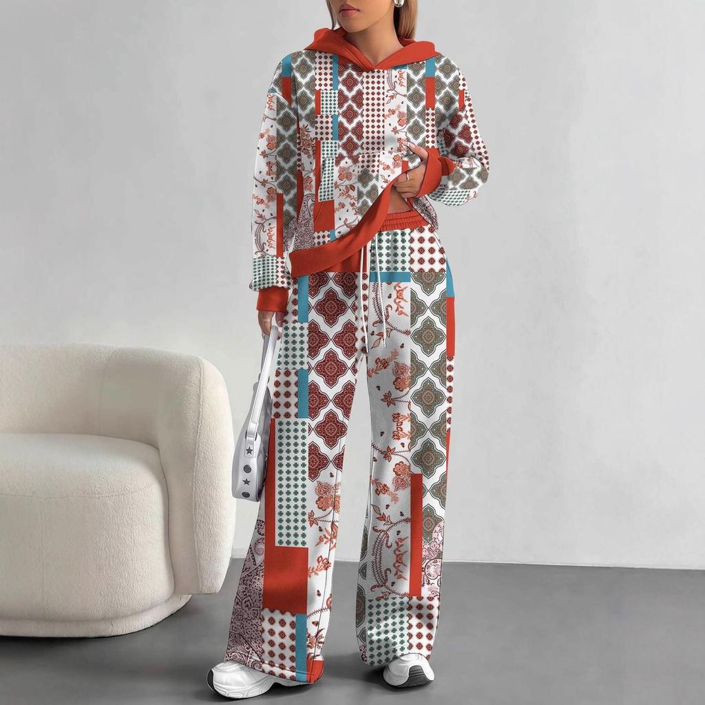 Retro Pattern 1116 European and American Autumn and Winter Casual Long-sleeved Suit Women's Hooded Sweater Trousers Two-piece Set