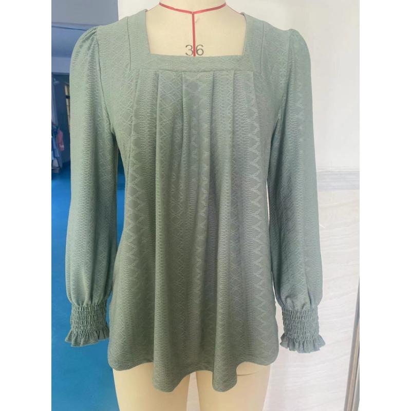 Solid Color Jacquard Pleated Square Neck Long Sleeve Tailcoat Solid Color T-shirt for Women