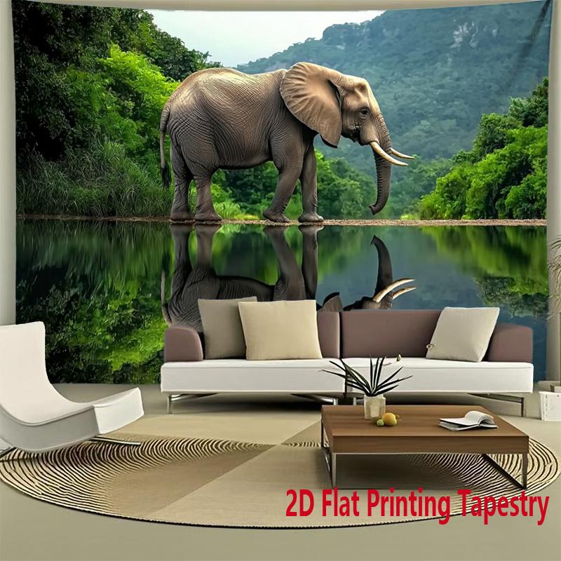 African Elephant Nature Tapestry Wildlife Reflection Lake Wall Hanging Animal Decor Bedroom Print