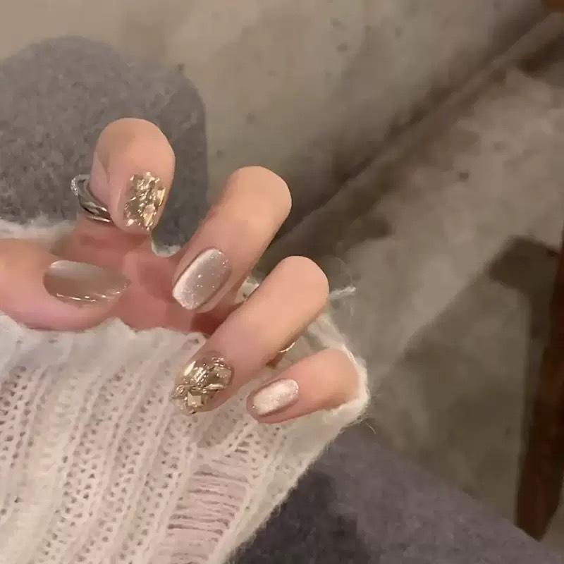 Blush French Cat Eye Princess Bow Nails - Handmade Wearable Nail Art