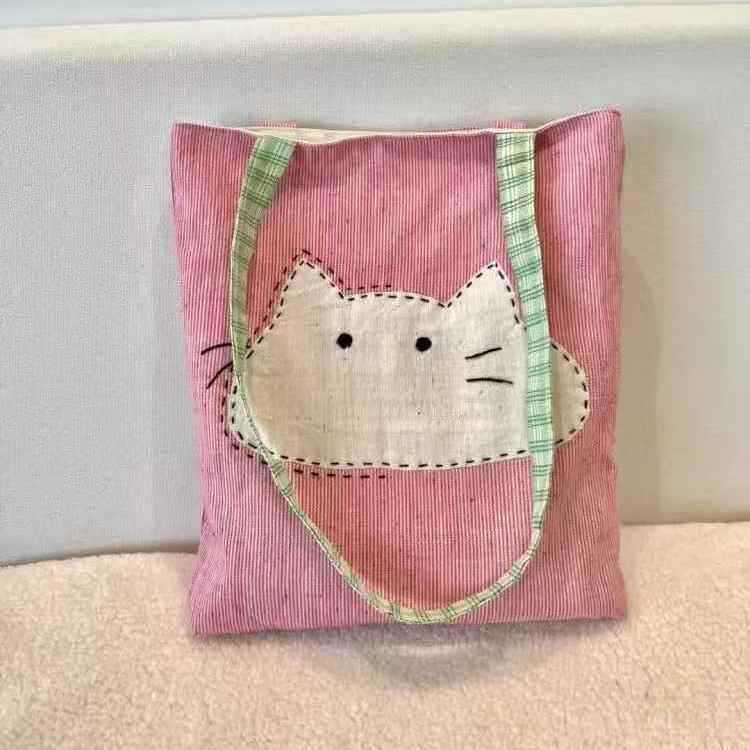 

Новая холщовая сумка через плечо, универсальная простая женская сумка, милая мультяшная кошачья голова, розовая сумка через плечо розовый