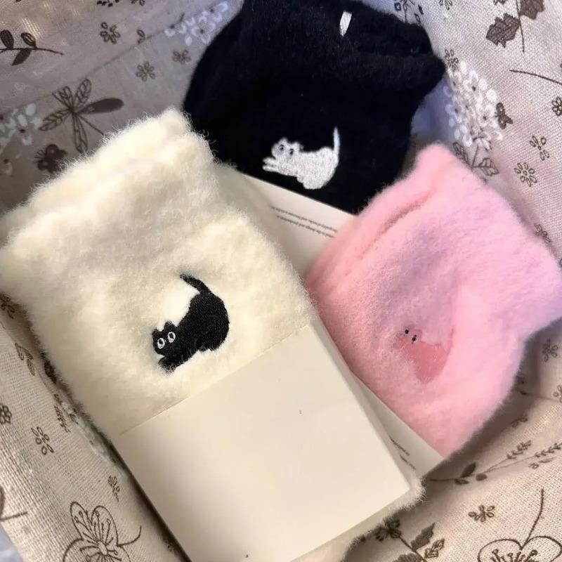 Girls Soft Velvet Winter Women's Cute Cat Print Thickened In Tube Socks Simple Cozy Hairy Sleep Fashion Sock