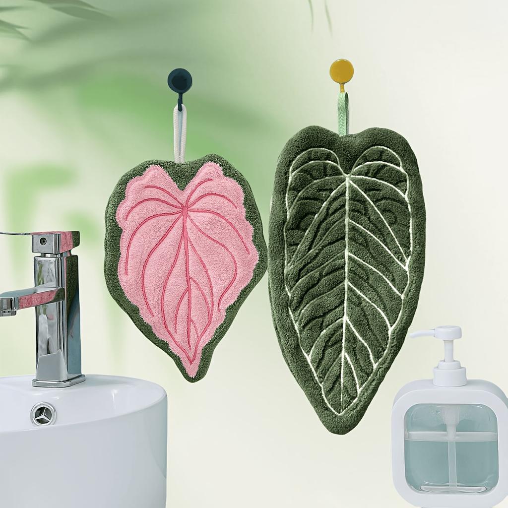2pcs Coral Fleece Hand Towels ,Plant Leaf Design,Hanging Convenient ,Strong Absorbency and Quick Drying,Cute and Soft ,Kitchen Bathroom Hand Towels
