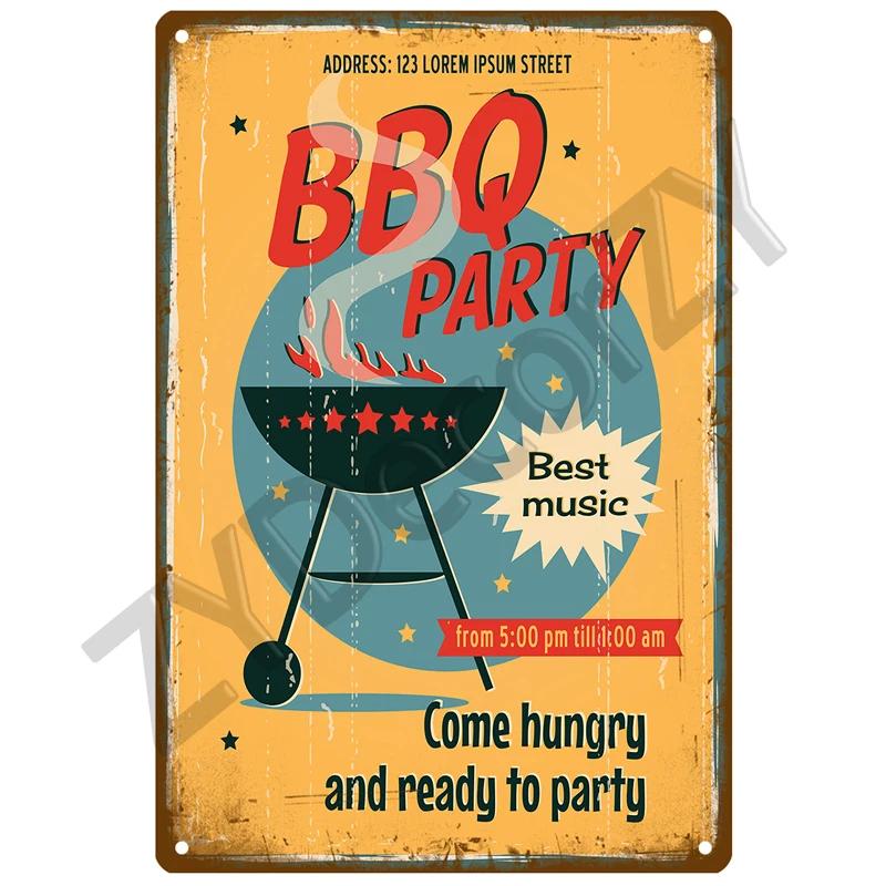 Retro BBQ Tin Sign - Vintage Wall Posters & Metal Decor - Decorative Wall Plate for Kitchens, Patios & Barbecue Themed Spaces
