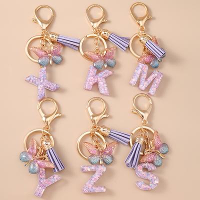 Pretty Alphabet Initials Letter Keychain Women Girls Tassels Butterfly Key Ring Pendant for Handbag Decor Handmade Jewelry Gift