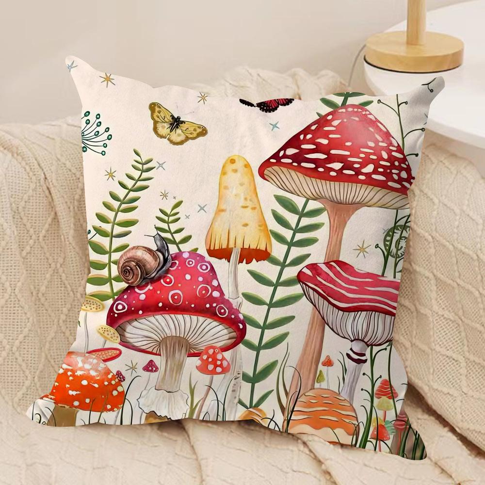 Mushroom Illustrations Cushion Cover Pillowcase Ultra Soft Skin Friendly Fabric Cloud Like Comfort  Concealed Zipper