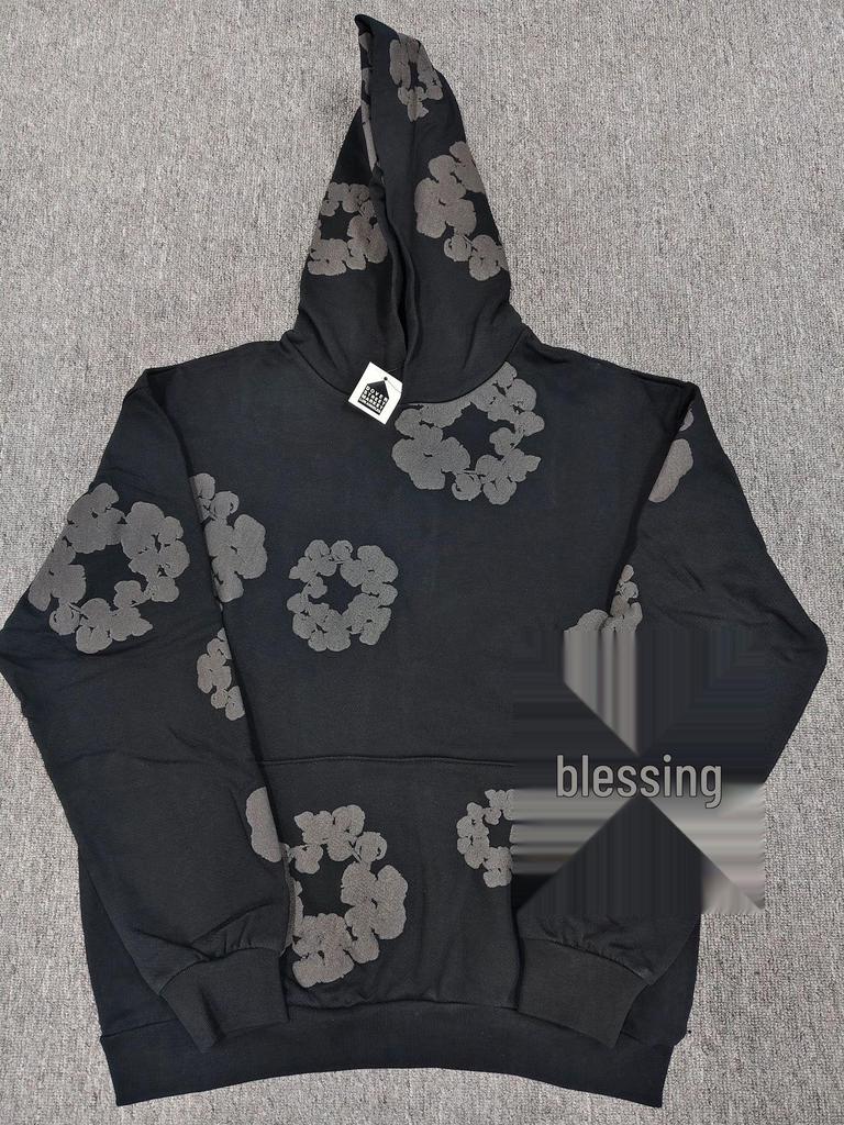 Schwerer Baumwoll-Denim-Hoodie mit Blumenmuster - Trendige amerikanische Streetwear-Jacke für Herren