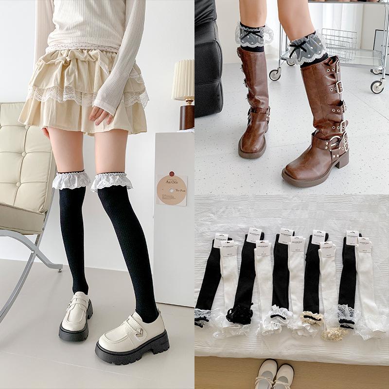 

Women s Spring and Autumn Knee-high Stockings with Lace Lolita, Sweet with Boots, Double-needle Autumn and Winter High Ballet Calf 1 pair чорний