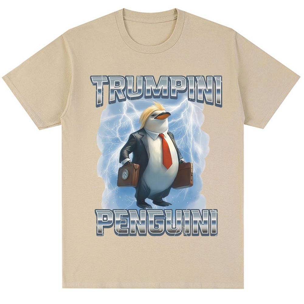Funny Trumpini Penguini Meme Print T Shirt Italian Brainrot Humor Trendy Short Sleeve Men Women Loose Cotton T-Shirts Streetwear