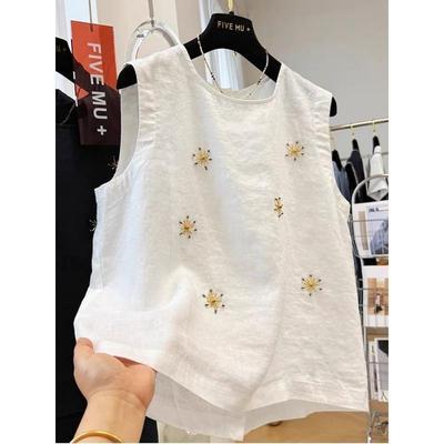 Women's Vest Navy Blue Sleeveless Crew Neck Star Embroidery Loose Blouse