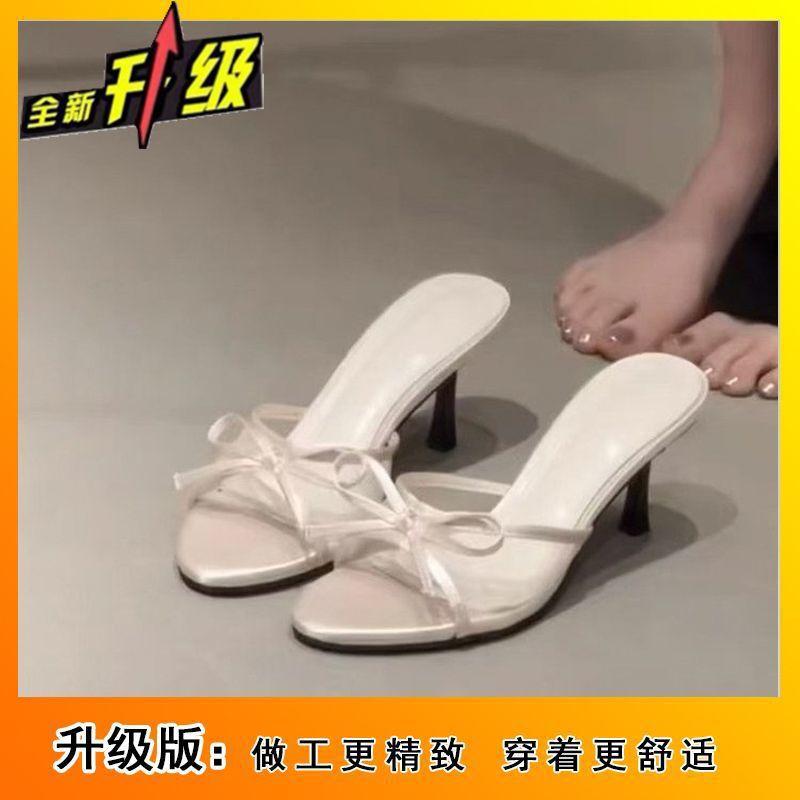 Bow slippers women's 2025 summer new thin heel one-word drag versatile round head open-toed high-heeled sandals