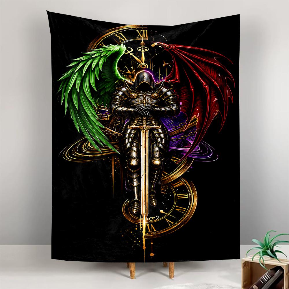 Vertical Tapestry Knight Armor Angel Demon Wings Clock Gothic Sword Wall Hanging