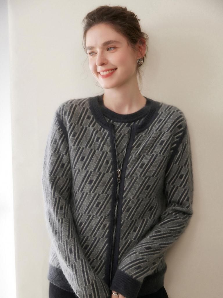 Women's Cashmere Zip-Up Cardigan - Color-Block Jacquard, Autumn/Winter Collection, Round Neck Knit Sweater