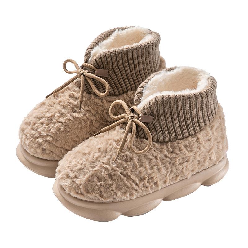 Winter Lacing Plush Warm Cotton Shoes Women's Solid Color Thick Bottom Fluffy Couple Boots Casual Big Size Ladies Shoes