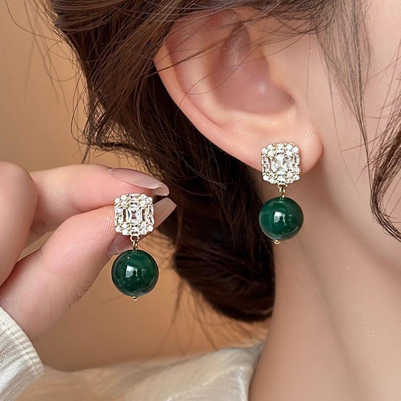 New Arrival Elegant Green Chalcedony Square CZ Zircon  Silver Needle Ladies Tassels Stud Earrings  For Women Gifts