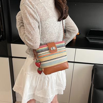 Rainbow Bucket Bag Women's Large Capacity 2025 New Summer Small Bag Vacation Style Fashion Woven Shoulder Messenger Bag