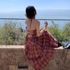 Red Plaid Neck Suspender Dress Women's Summer Temperament Backless Strap Waist Thin Seaside Vacation Dress