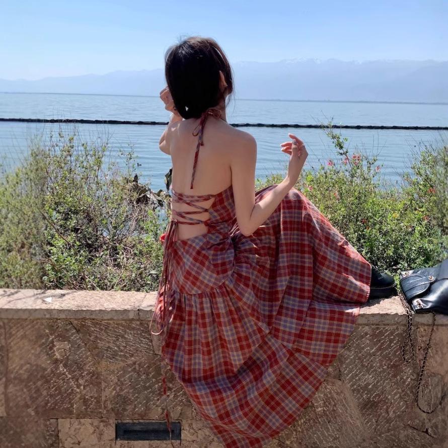 Red Plaid Neck Suspender Dress Women's Summer Temperament Backless Strap Waist Thin Seaside Vacation Dress