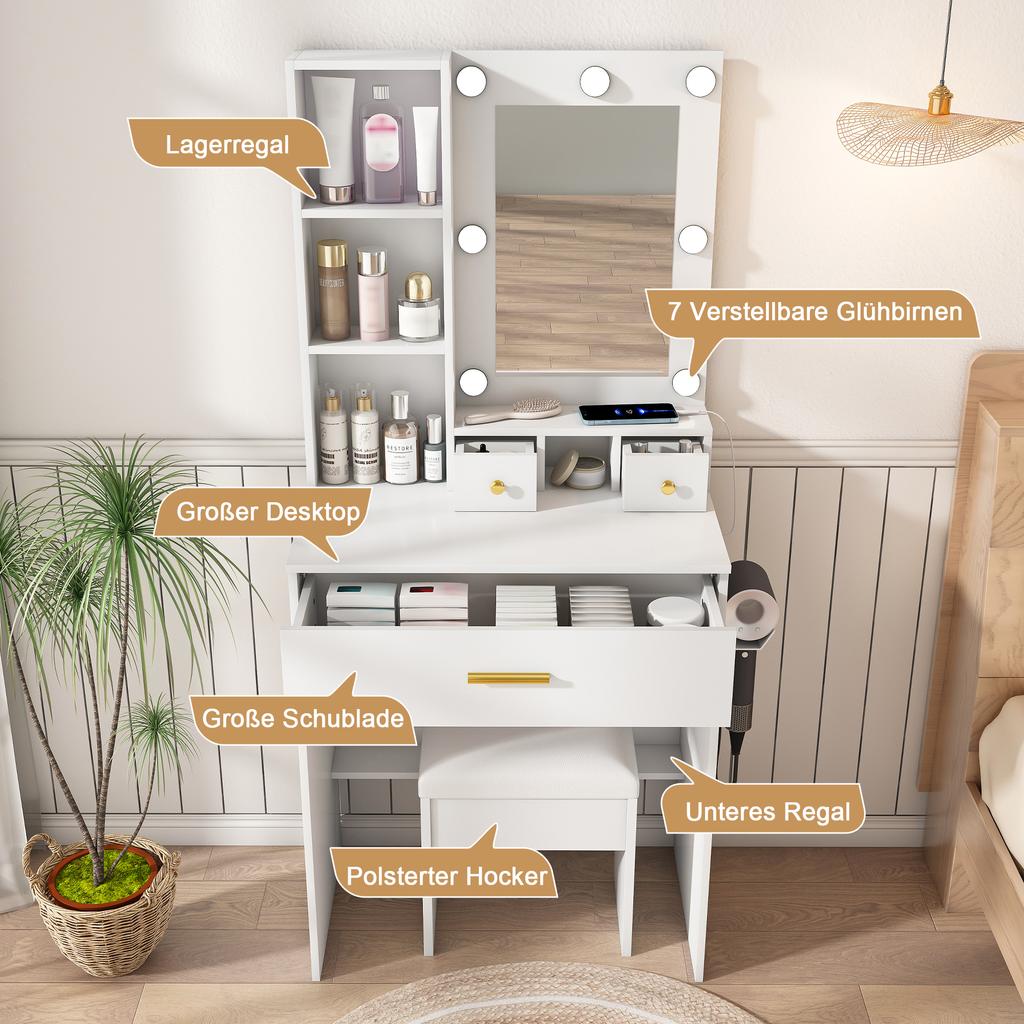 Small Vanity Table Set with Mirror and Adjustable LED Lighting, Socket, Hair Dryer Holder & Padded Stool - Drawers and Shelf, White, W60/H131.5/D38cm