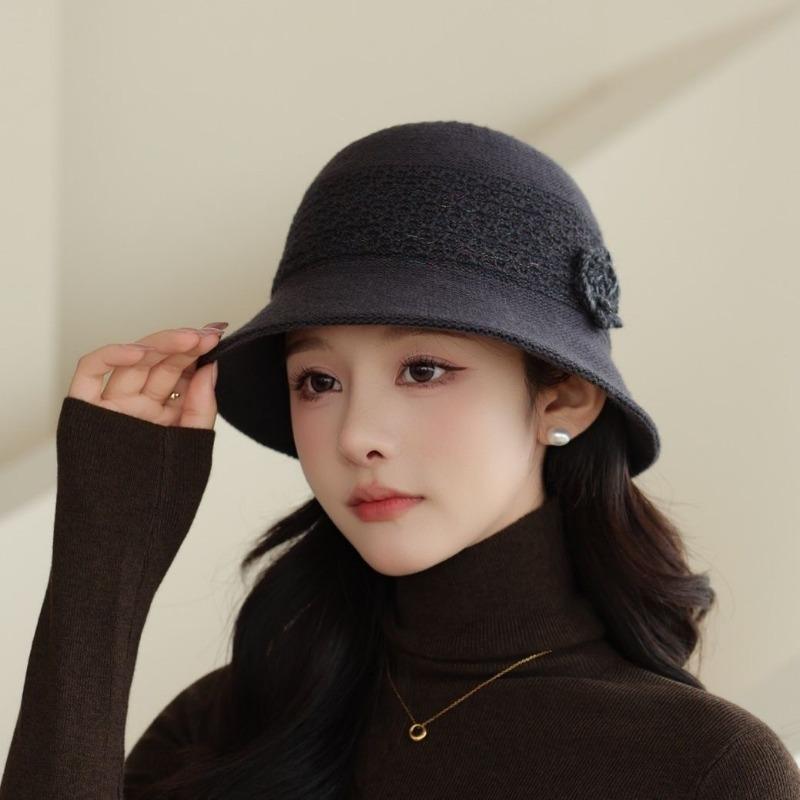 Neuer eleganter Blumenhut für Herbst und Winter, gestrickter Glockenhut, faltbarer warmer Fischerhut