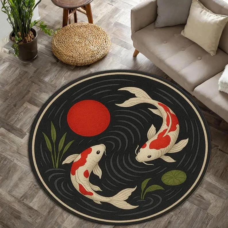 Koi Circular Carpet Visual 3D Lotus Pond Carpet Oriental Japanese Living Room and Bedroom Decorative Floor Mat Rug
