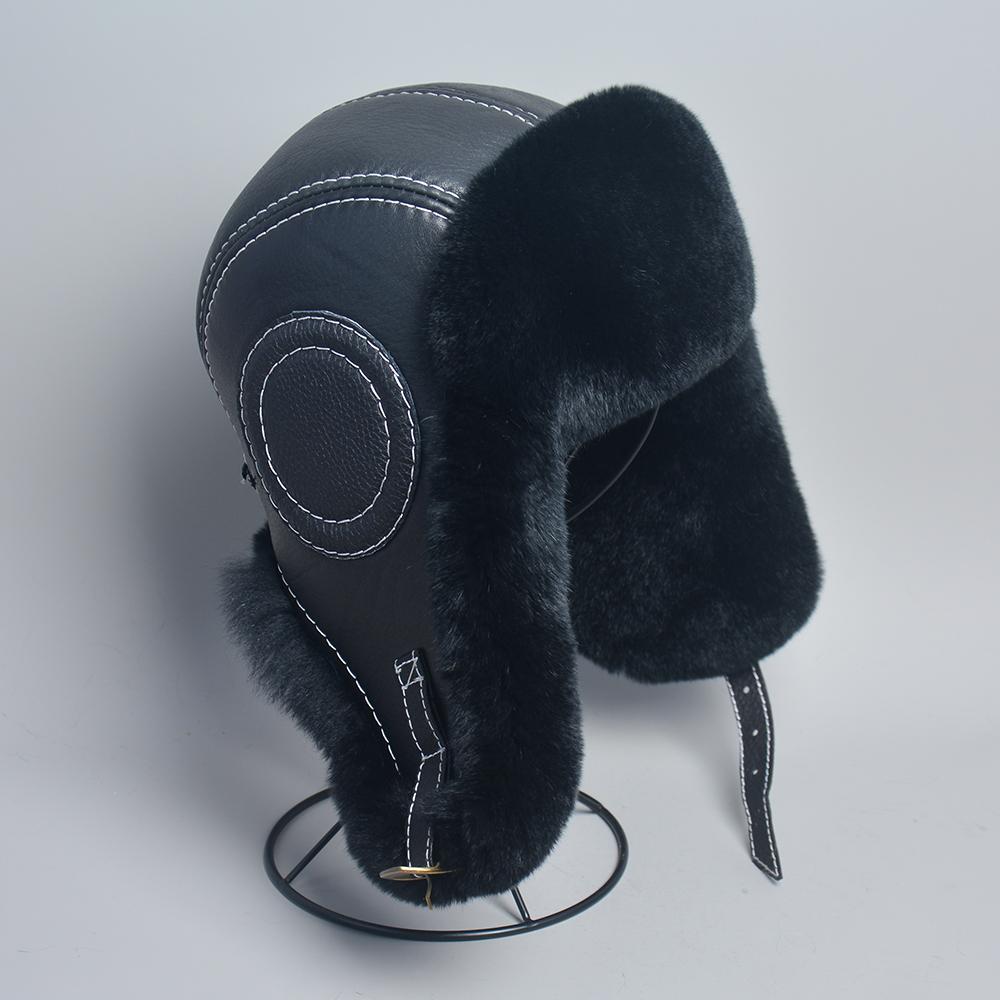 New Men's 100% Natural Rex Rabbit Fur Bomber Hats Winter Russian Man Warm Real Sheepskin Leather Hat Male Real Fur Caps