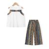 Montagut Girls' Summer Ethnic Style Sleeveless Top & Wide-Leg Pants Set