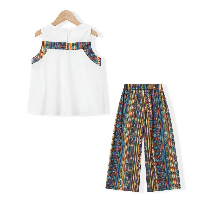 Montagut Girls' Summer Ethnic Style Sleeveless Top & Wide-Leg Pants Set