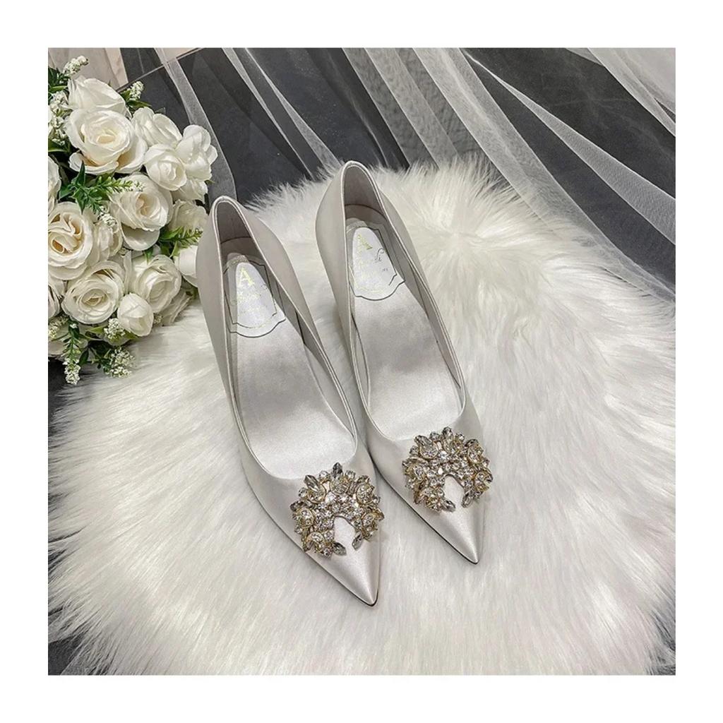Pantofi de nuntă franțuzești, fulg de nea, perle, cataramă, albi, cu tocuri înalte, pantofi de rochie de domnișoară de onoare din satin, pantofi de mireasă de dimensiuni mari, cu tocuri, femei