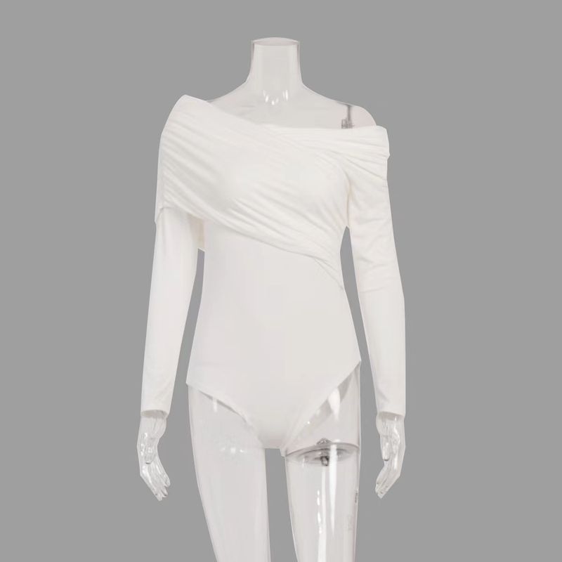 

Western Style Sexy off Shoulder Cross Pleat Long sleeve Jumpsuit Sexy off Shoulder Jumpsuit White M