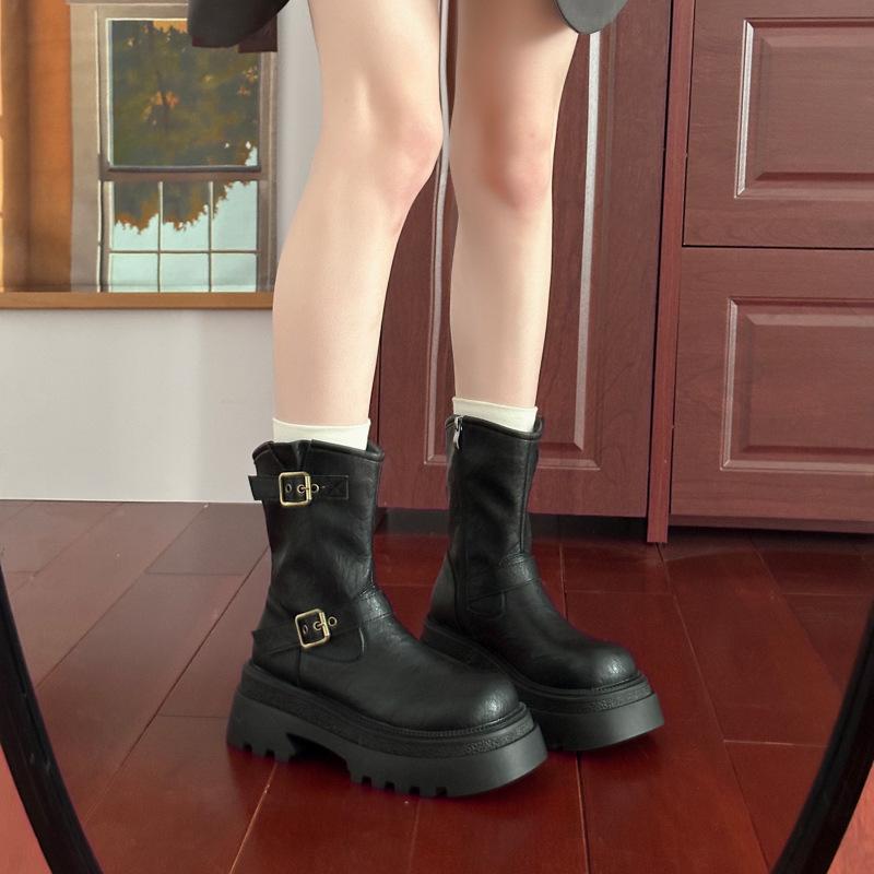 Korean Thick-soled Heightening British Style Martin Boots Women's Autumn and Winter Maillard Retro Slim Short Boots
