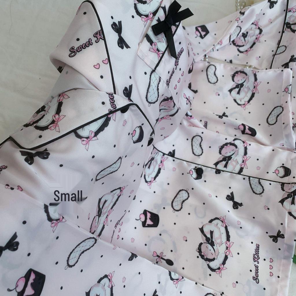 Goodnight Sleepy Cat: Women's Autumn/Winter Ice Silk Pajamas - Cartoon Kitten Print, Long Sleeve & Pants Set