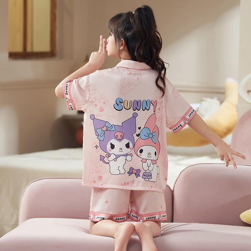 Girls Ice Silk Pajama Set Short Sleeve Cartoon Print Sleepwear Kids 8 Years