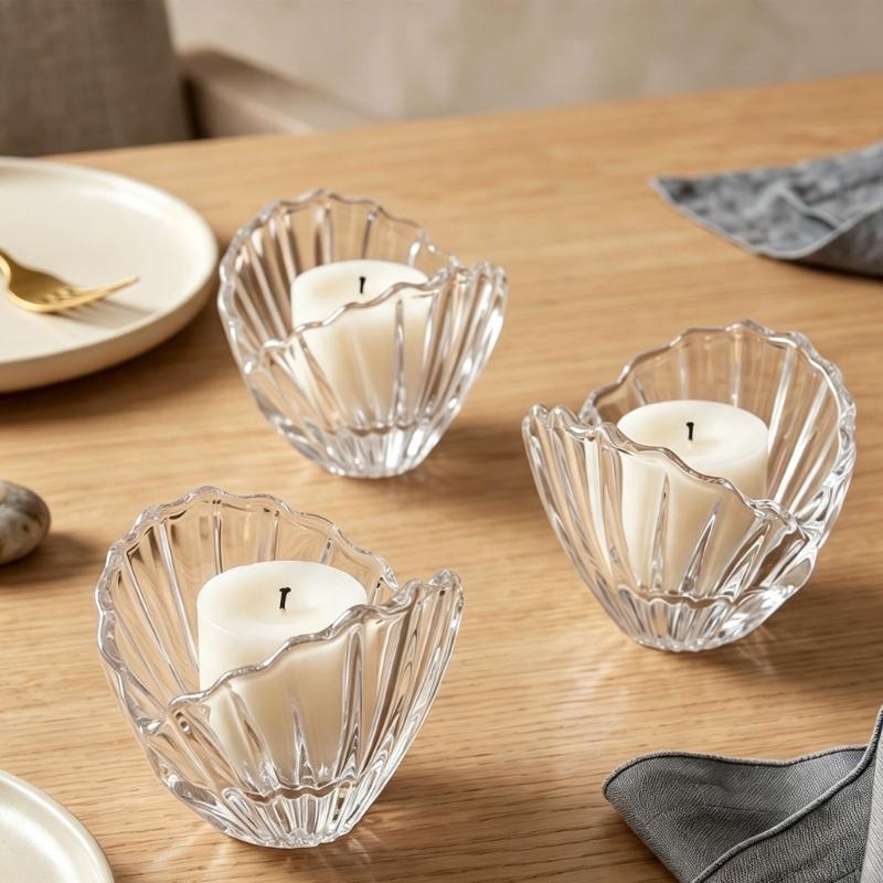 Shell Shape Glass Candle Holders with Clear Fluted Texture, Decorative Table Decors Candlestick Display for Desk, Side Table, Shelf, Bedroom, and