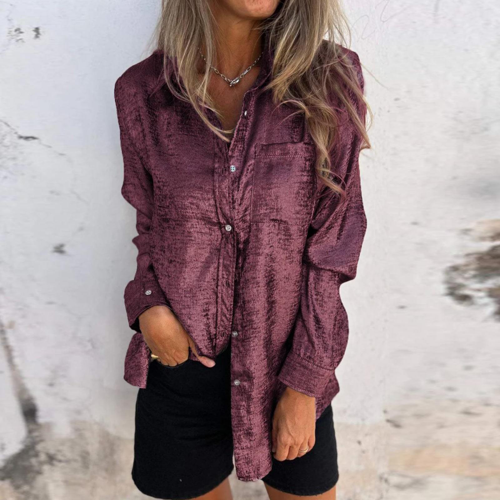 

Женская модная однотонная повседневная рубашка с бархатным воротником и длинными рукавами XL винный