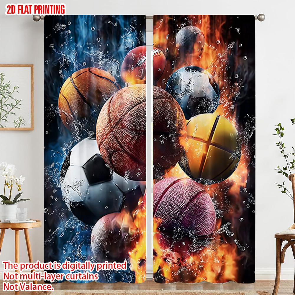 2pcs,2D plane printing Creative Curtains Basketball_ Soccer & Football Design Polyester Woven (without rod) Decorations For Home