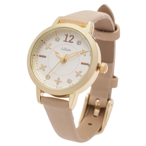 

Fieldwork Women s Analog Watch with Leather Strap and Stone Dial, Flower Pattern, White, Beige, JN031-2