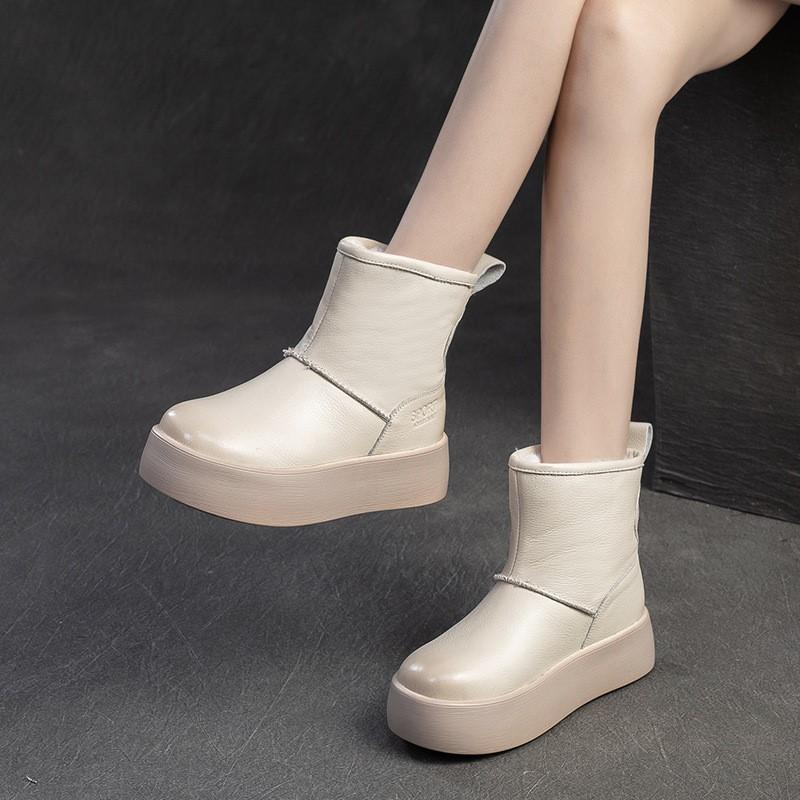 Johnature Versatile Snow Boots Plush Warm Flat Platform Short Boots Genuine Leather Women's Shoes