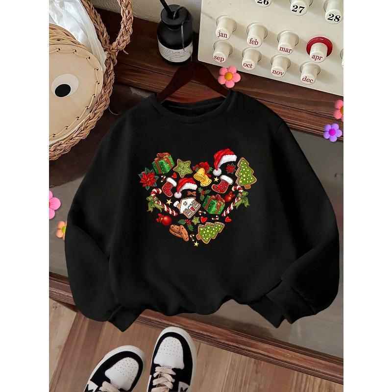Kids Crewneck Sweatshirt, Christmas Theme Print, Casual Tops for Fall & Winter 110 чёрный
