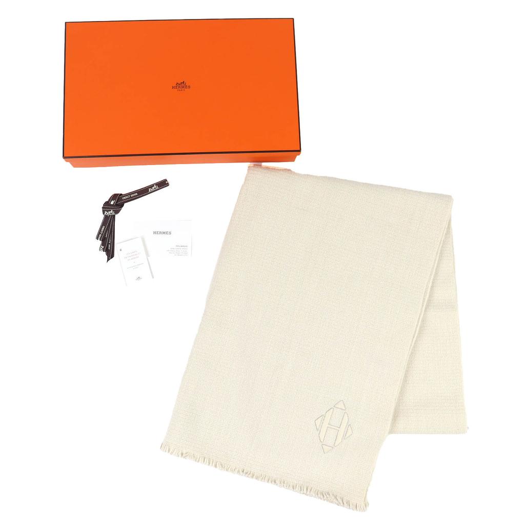 Pristine HERMES shawl H logo leather patch mini fringe large cashmere H693187S Used