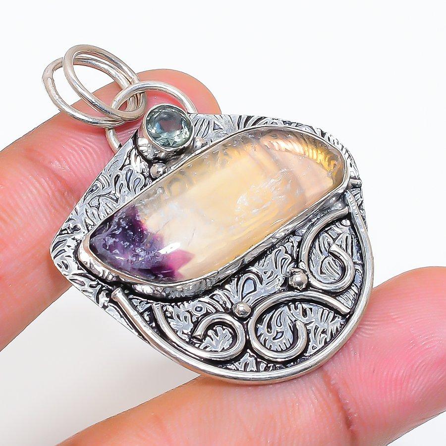 Natural Fluorite, Topaz Gemstone 925 Sterling Silver Jewelry Pendant 1.85" ZS-159