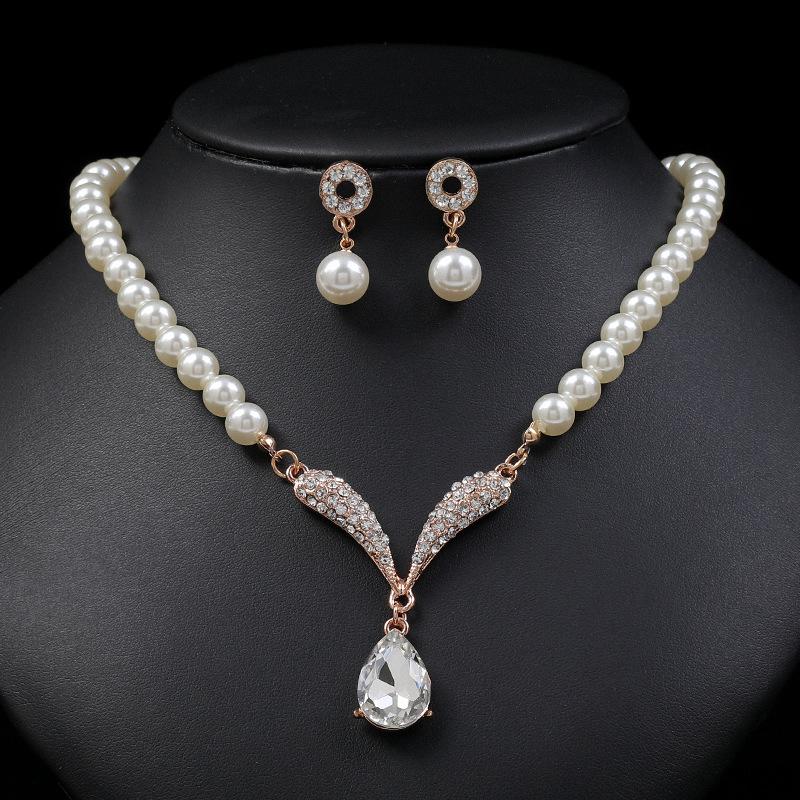 New Fashion personality flower Imitation Pearl Wedding Necklace Earring Set Bridal For Women Elegant Rhinestone Jewelry Gift